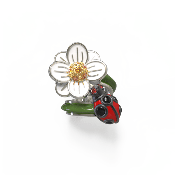 Anillo Ladybug & daisy de plata, zafiros, pátinas y esmalte de vidrio