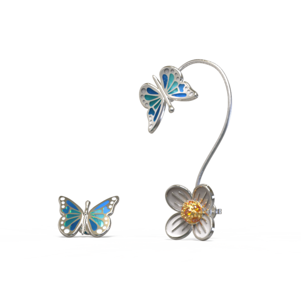 Pendientes blue butterfly & half daisy - zafiros, plata y esmalte de vidrio